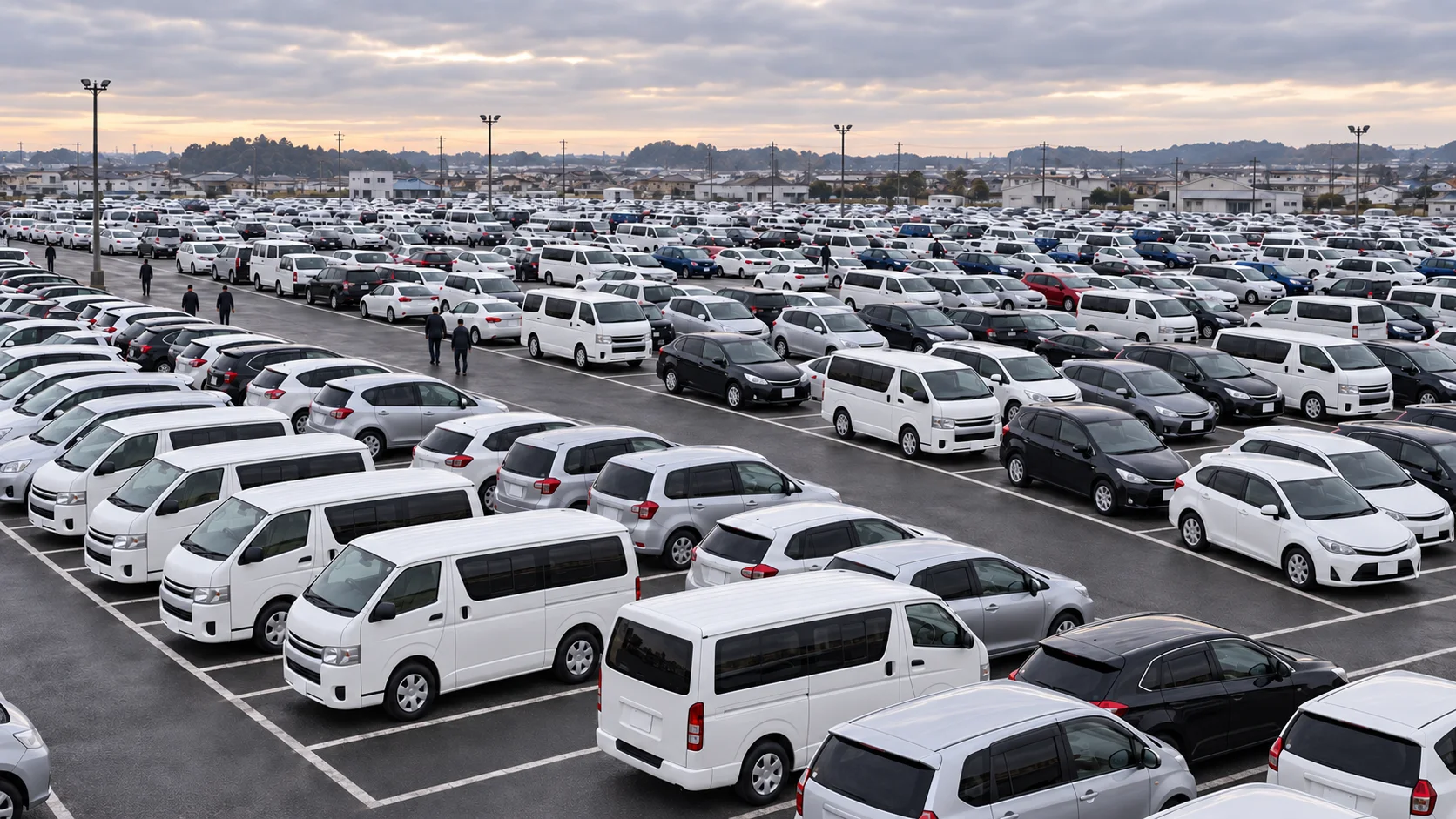 大量の車が整然と並ぶ日本の業者オークション会場の参考イメージ。商用車を含む。俯瞰。特定会社のロゴなし。AIイメージ