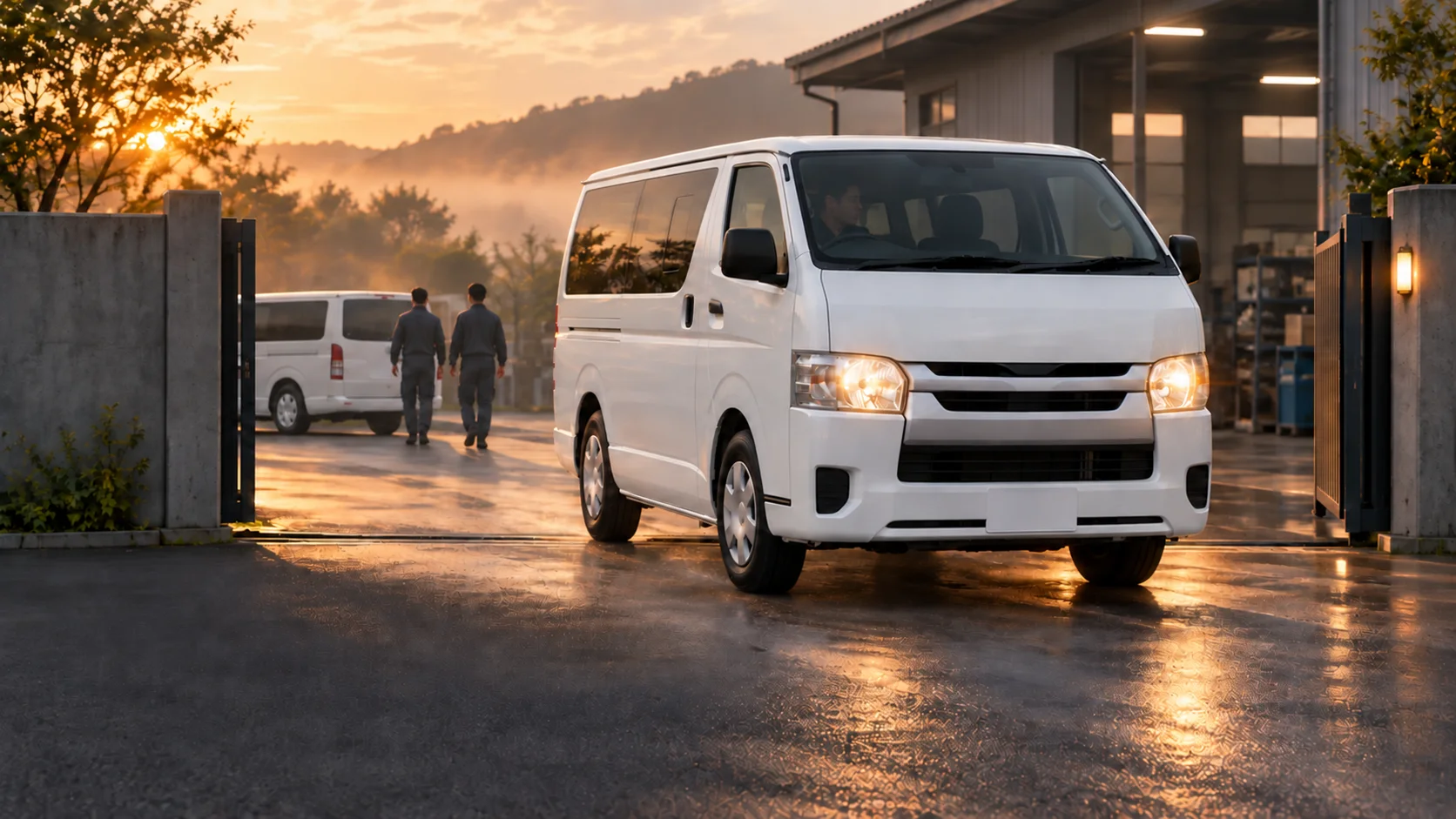 朝の事業所。スタッフが仕事へ向かい、白いハイエースが出発する。AIイメージ
