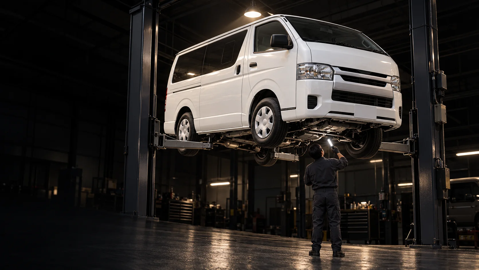 暗めの整備工場でリフトアップされた白いハイエース。整備士が車体下部を点検。ローアングル。AIイメージ