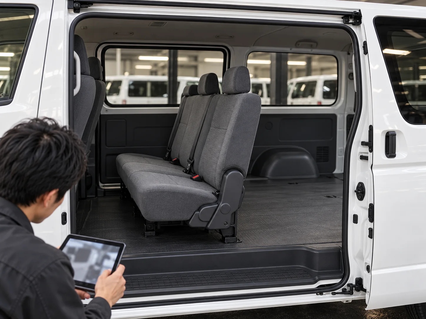 白いハイエースの内装と荷室を確認する担当者。AIイメージ