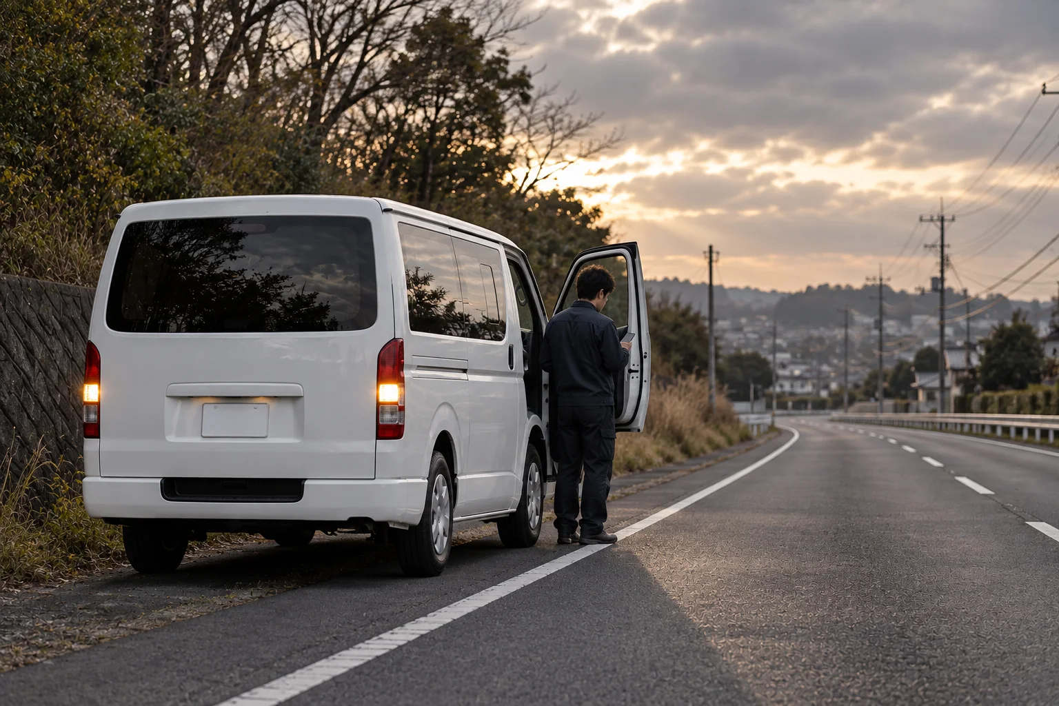 道路脇に停車した白い商用バン。過度な事故表現なし。AIイメージ