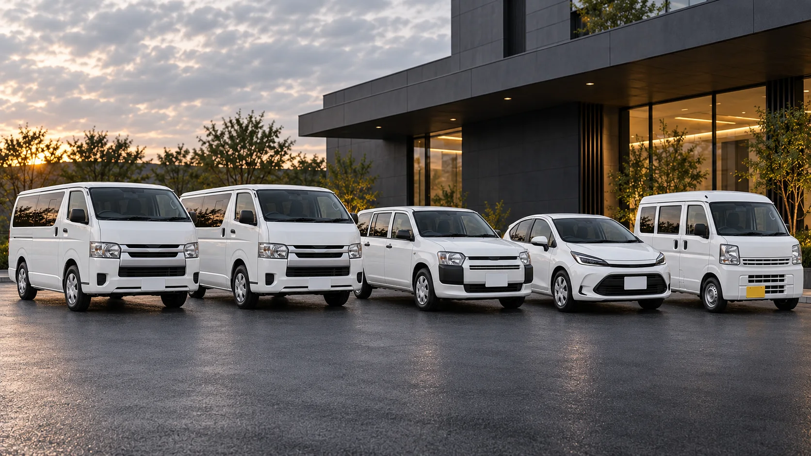 会社の前に整然と並ぶ複数の白い社用車。AIイメージ