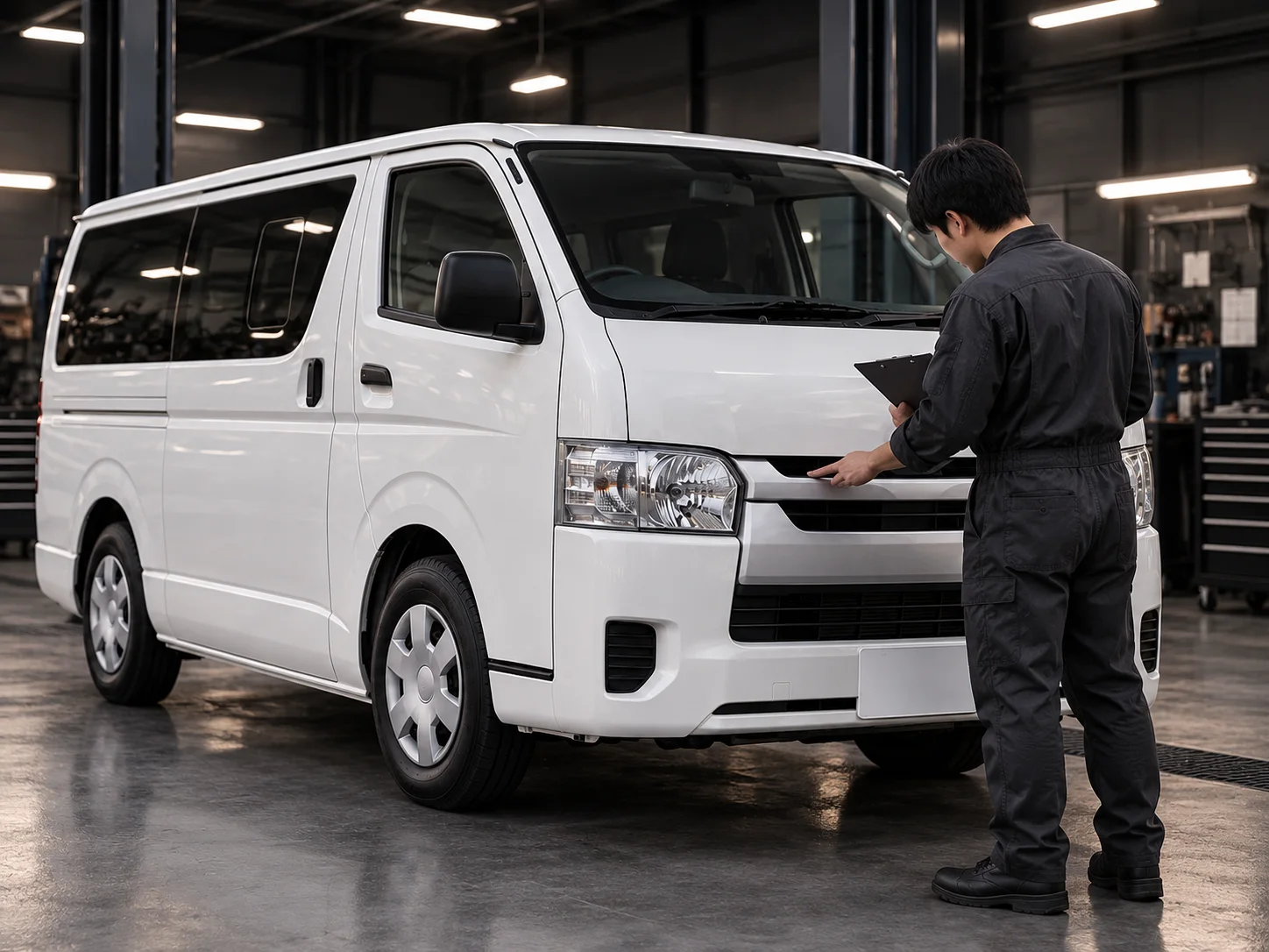 商用車を点検する整備士。AIイメージ