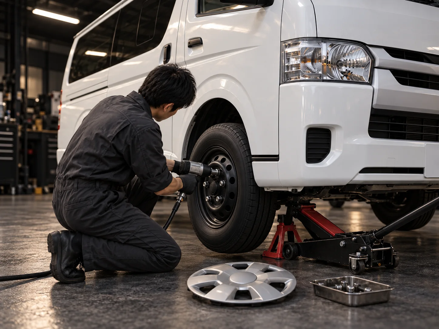 タイヤ交換中の白いハイエース。AIイメージ