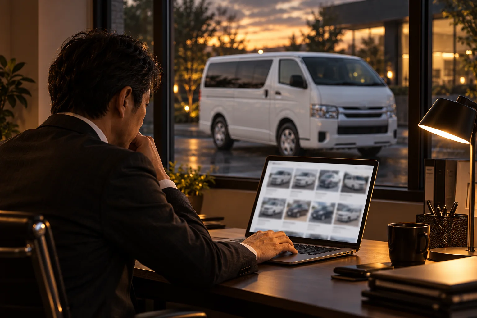 経営者がパソコンで中古車を探している。背景に白いハイエース。AIイメージ
